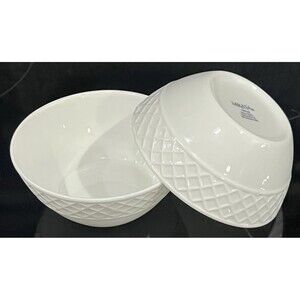 Set of 2 Mikasa Trellis White Bone China 4.5" Fruit Bowls | Textured Lattice